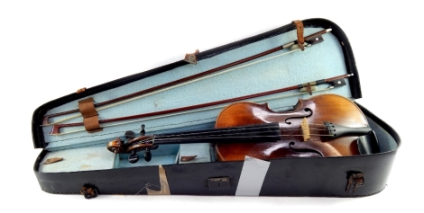 An early 20thC violin, with Arbort rest, ebonised tuning knops, scroll and interior pencil marks, possibly reading Elf, one piece curved back, 61cm long overall, with two nickel ended mother of pearl bows, in fitted case.