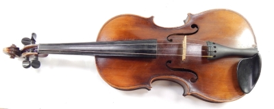 An early 20thC violin, with Arbort rest, ebonised tuning knops, scroll and interior pencil marks, possibly reading Elf, one piece curved back, 61cm long overall, with two nickel ended mother of pearl bows, in fitted case. - 2