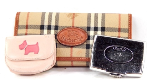 A Burberry evening purse, in check material with outer stitching, 22cm wide, Radley coin purse and a Grants of Dalvey card case with fitted interior. (3)