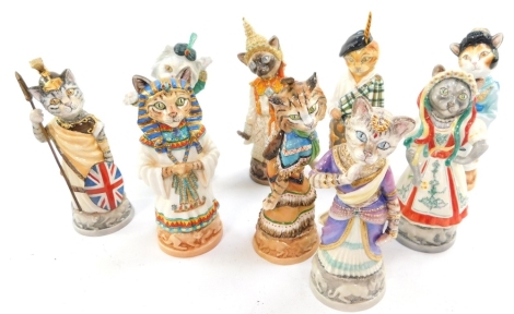 A group of Bronte Porcelain Clowder of Cats figural candle snuffers, limited edition, printed marks, comprising Ben Gur, Russian Blue, Scottish Fold, Egyptian Man, Japanese Bobtail, Persian, Maine Coon, British Shorthair and Siamese. (9)