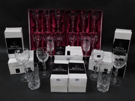 Two sets of Royal Albert cased six wine glasses, together with Royal Doulton cut glass high balls, whisky glasses, wine glasses, etc., some boxed. (a quantity)