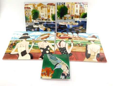 A pair of decorative ceramic tiles A Day At The Races, 33cm high, 41cm wide, a pair of Brent Heighton Art In Motion tiles decorated with Continental port scenes, 30cm high x 30cm wide, and a tile decorated with the humming bird, 20cm high, 20cm wide. (5)