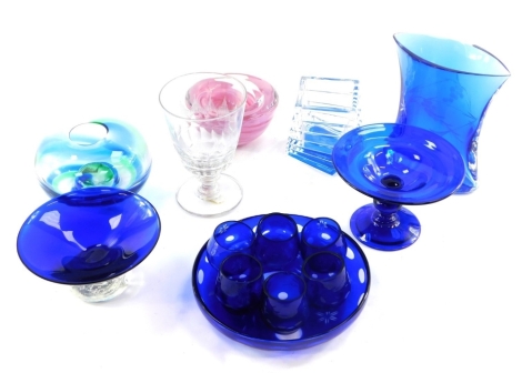 An early 19thC cut glass rummer, Bristol and other blue glassware, a Fossheim Nordkapp candle holder, Kosta Boda pink glass bowl and a Rosenthal square abstract vase. (a quantity)