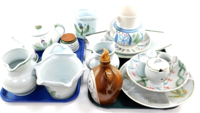 A group of Buchan pottery, variously decorated, including a teapot, honey pot, cheese dish and cover, condiment set, jardinieres, jug and hors d'oeuvres dish. (a quantity)