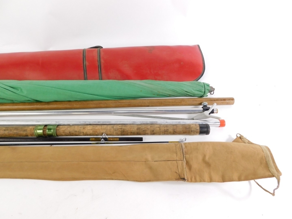 Various fishing equipment, fishing tackle, rods, Match M2125 model fibre  glass three piece rod, Allcocks Billy Lane three piece match rod, in outer  cases, etc. (a quantity)