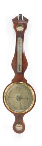 B Verga & Son Warranted. A late 19thC mahogany and boxwood strung four dial wheel barometer, in a broken pedimented case surmounted by an urn finial, raised above circular dry dial, thermometer, main 25cm diameter dial and name plate beneath, in a shaped 