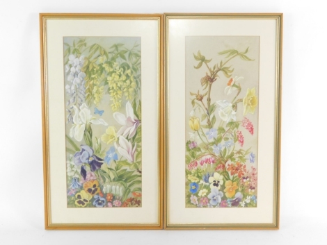 G M Brouth (British, 20/21stC). Still life of flowers, pair of watercolours, signed, 51cm high x 21.5cm wide.