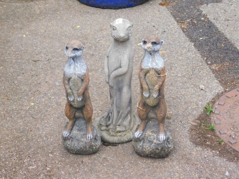 Various meerkat garden statues, 47cm high, etc. (3)