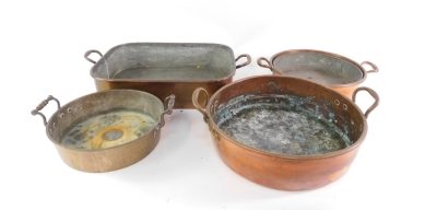 Various late 19th/early 20thC copper ware, fish kettle of oblong form with fixed handles, 56cm wide, and three circular skillets. (a quantity) - 2