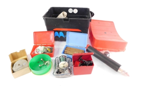 Various fishing equipment, contained in a rectangular fishing box creel, to include floats, weights, a Morritts Intrepid Elite reel, 10cm long, British Strike Right Tideflo reel, other fishing equipment, reels, etc. (a quantity)