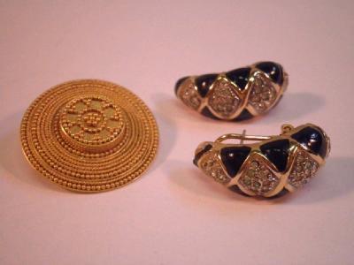A pair of enamel and diamante earrings and a Greek style brooch