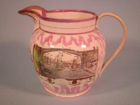 A 19thC Sunderland lustre jug printed with a scene of the Ironbridge over