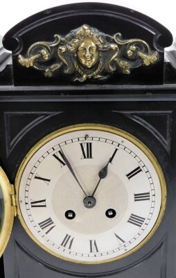 A late 19thC black slate mantel clock, with applied brass detailing on Corinthian column supports, on a stepped base, with eight day movement and pendulum, 37cm high, 50cm wide, 18cm deep. - 2