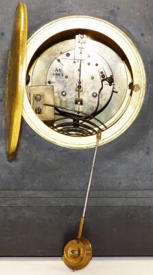 A late 19thC black slate mantel clock, with applied brass detailing on Corinthian column supports, on a stepped base, with eight day movement and pendulum, 37cm high, 50cm wide, 18cm deep. - 3