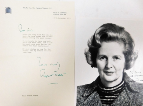 A Margaret Thatcher signed photograph, signed to Sonia with all best wishes, Margaret Thatcher, 25cm x 20cm, together with House of Commons letter dated 17th November 1976. NB. The recipient was a personal secretary to Margaret Thatcher at the time of sig