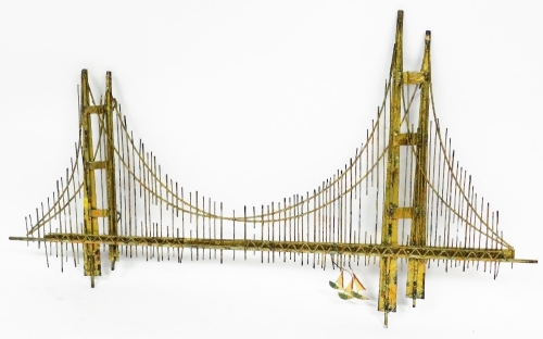 A gold gate bridge by Curtis Jere, signed and dated to corner 1976, in soldered metal, 137cm wide, 82cm high, 8cm deep.