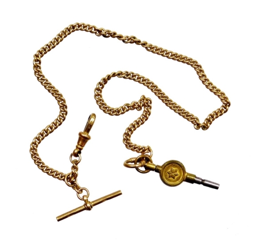 A 9ct gold watch chain, with curb links and clip end with T bar, the T bar stamped 9c, 34cm long, 16.7g all in.