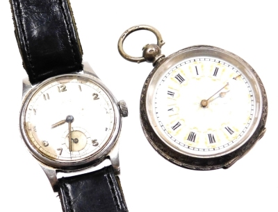 Two watches, to include a Smith's stainless steel cased gentleman's wristwatch, with silvered dial and date aperture on black leather strap, together with a continental silver fob watch, with hammered floral decoration and shield crest, on a white enamel