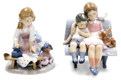 Two Lladro figure groups, to include a lady ironing with child no. 5782, 17cm high, and a figure of a girl and boy sat on bench with dog, with dove, 18cm high. (2)