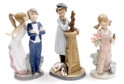 Three Lladro figures, to include a Bride and Groom no. 5555, 22cm high, a figure of a female and dog with sculpture, no. 5358, 21cm high, and another of a girl carrying a basket with bird no. 5217, 19cm high (3).