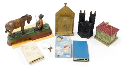 A group of novelty and other money boxes, to include a Cathedral Bank, a bank with clock aperture, a donkey and boy scene, a piggy bank book From Saving Comes Having, novelty saving bank and a miniature house and figure bank. (6) - 2