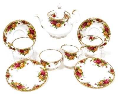 A Royal Albert Old Country Roses part tea service, comprising teapot, milk jug, sugar bowl, two cups and saucers and two side plates.