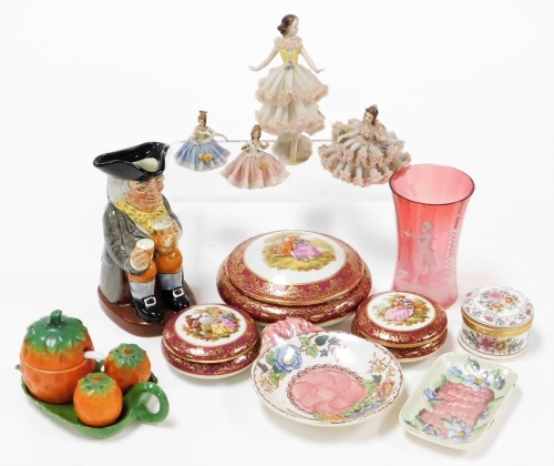 A small group of collectables, to include a Mary Gregory style cranberry glass vase, Limoges trinket boxes, Falcon China trinket box, Crinoline ladies, Royal Doulton Happy John character jug, Maling pin dishes, etc. (1 tray)