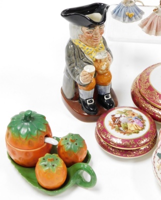 A small group of collectables, to include a Mary Gregory style cranberry glass vase, Limoges trinket boxes, Falcon China trinket box, Crinoline ladies, Royal Doulton Happy John character jug, Maling pin dishes, etc. (1 tray) - 4