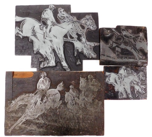 A group of four printing blocks, each relating to horse racing.