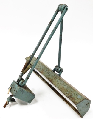 An industrial desk mountable angle poise lamp, with a rectangular lamp head on two arch support, approx 80cm high when fully extended, 44cm wide.