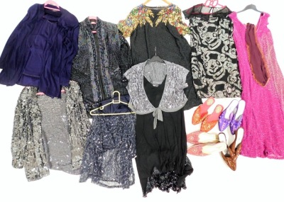 A group of sequin clothing and shoes, to include a dress by Carol Lee, Peacocks, etc., a group of Rapide size 8 shoes, Indian style dress shoes, dresses, throws, etc. (1 box)