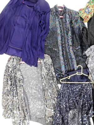 A group of sequin clothing and shoes, to include a dress by Carol Lee, Peacocks, etc., a group of Rapide size 8 shoes, Indian style dress shoes, dresses, throws, etc. (1 box) - 2