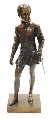 After Baron Francois-Joseph Bosio (French, 1768-1845). King Henry IV Enfant, the brown patinated bronze figure cast as a young boy with one hand resting on the hilt of his sword, the rectangular base incised "Baron Bosio", 47cm high.