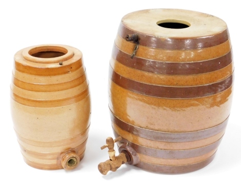 Two stoneware barrels, to include a London Pottery small barrel with cork stop, 29cm high, and another unmarked, 35cm high.