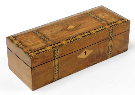 A late 19thC treen glove box, with Tunbridgeware borders and red velvet button cushioned interior, 8cm high, 27cm wide, 10cm deep.