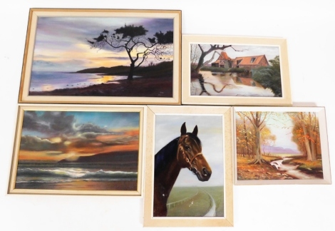 Reg Prince (21stC School). Oil on canvas sunset scene by river, 45cm x 75cm, farmyard scene by river, 29cm x 39cm, sunset seaside scene, 39cm x 60cm, racing horse at the tracks, 49cm x 34cm, framed, and another woodland scene, unsigned, 34cm x 44cm. (5)