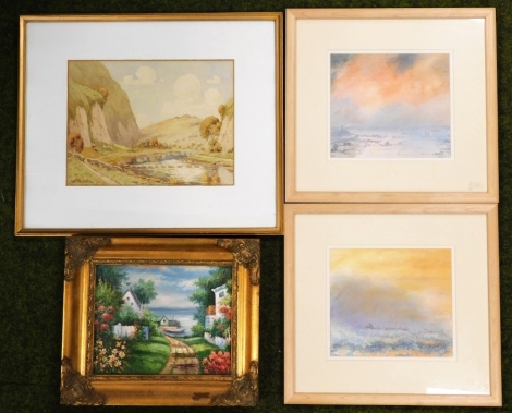 A group of framed pictures and prints, to include oil on canvas Continental seascape, H Perrins watercolour, and two watercolour sunset scenes signed Dowons, framed. (4)