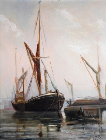 R H P (20thC School). Ships at Harbour, 47cm x 37cm, oil on board, framed.