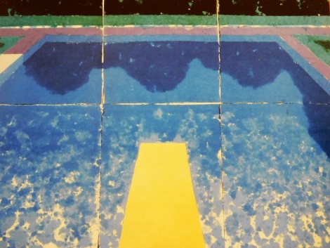 After Hockney. Swimming pool, print, 63cm x 75cm, framed and glazed.