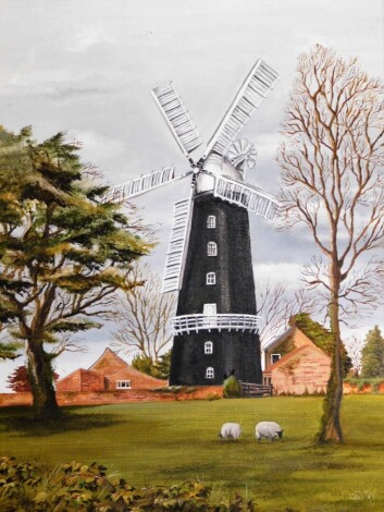 Claire Weaver. Sheep and windmill scene, oil on board, 39cm x 28cm, signed and dated 99, in ornate frame.