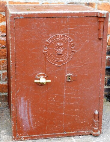 A S Withers & Co of Birmingham cast iron safe, with brown painted finish, with key, 76cm high, 56cm wide, 51cm deep. (AF)