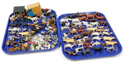 Various lead and plastic farm animals, sheep, horses, horse carts, outbuildings, cows, etc. (2 trays)