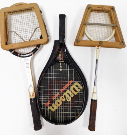 Various rackets, to include a Spalding Dunlop tennis racket, a Wilson tennis racket and a National Wisden badminton racquet. (3)