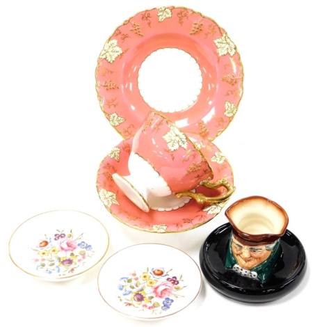 A group of collectors china, to include a Royal Crown Derby Vine pattern cup and saucer trio set, a pair of Royal Worcester pin dishes and a Royal Doulton character jug. (a quantity)