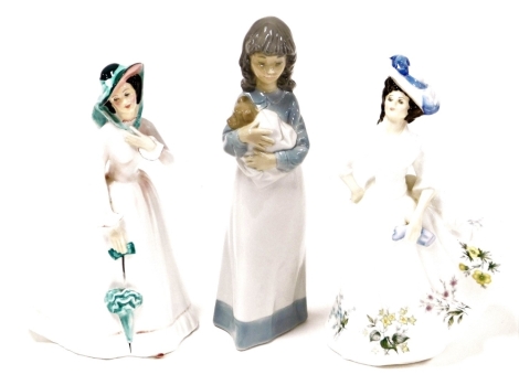 Three Royal Doulton ladies, to include Adele HN2480, Julia HN2706, and a Nao figure of a child carrying a dog. (3)