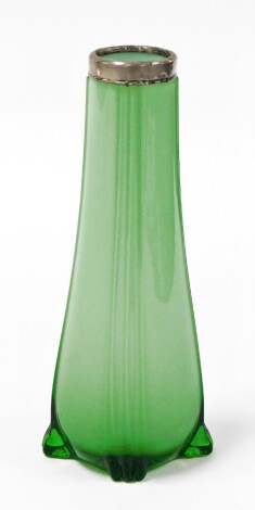 An Edwardian green opaque glass bud vase, with a silvered collar, 20cm high.