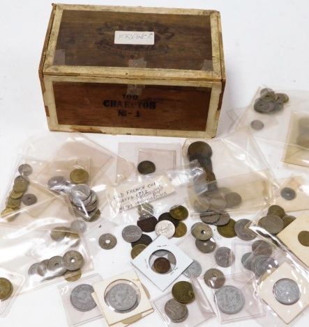 A group of assorted French coins, francs, tokens, collectors coins, Readers Digest replica French coin 1757, and others. (1 box)