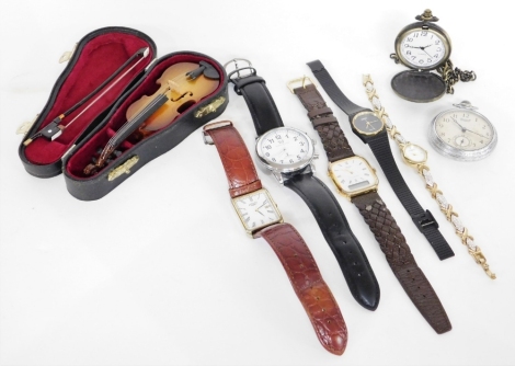 A group of wristwatches, to include Rotary ladies wristwatch, a T&J gentleman's wristwatch, a miniature cased violin, Trical wristwatch, pocket watches, etc. (1 tray)