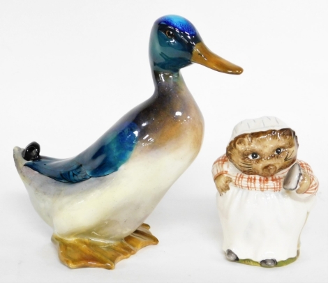 A Beatrix Potter Mrs Tiggy-Winkle figure, and a Royal Doulton mallard duck. (2, AF)