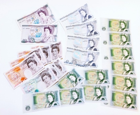 Various UK banknotes, to include the twenty pound note, ten pound note, five pound note and one pound note, totalling one hundred and twenty six pounds.